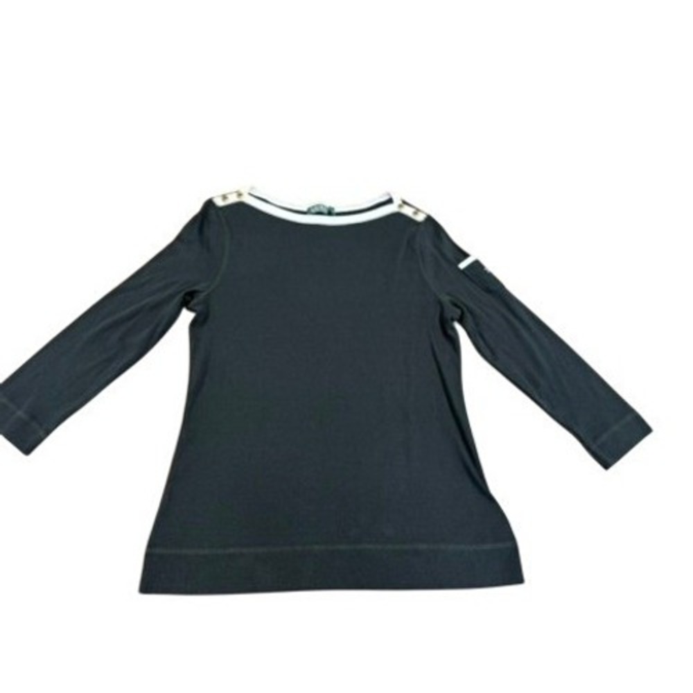 Lauren Ralph Lauren Black Boat Neck Top Gold Button Shoulder Women Large Pocket